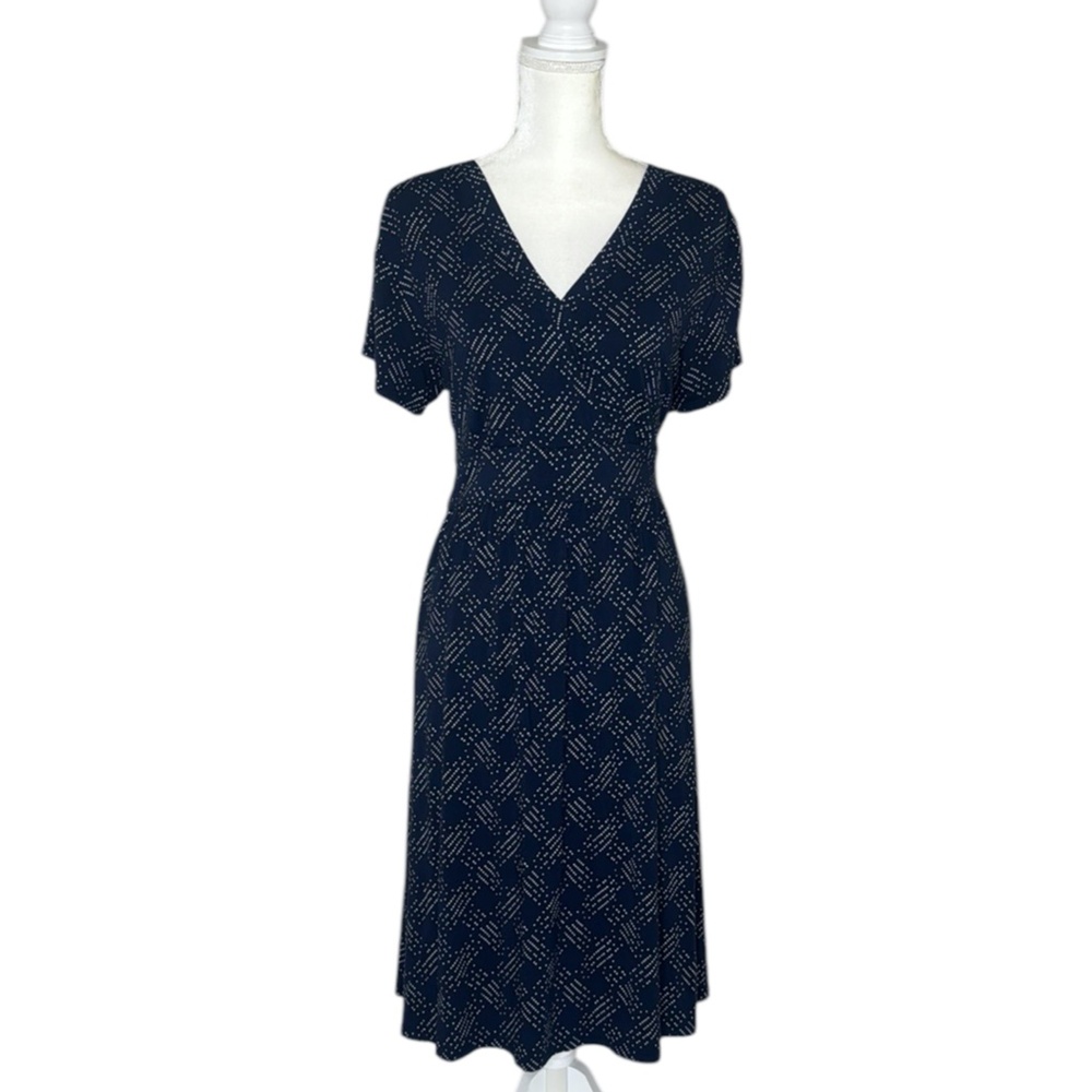 LL Bean Navy White Dot Cross Over Banded Waist Summer Knit Dress XL PET